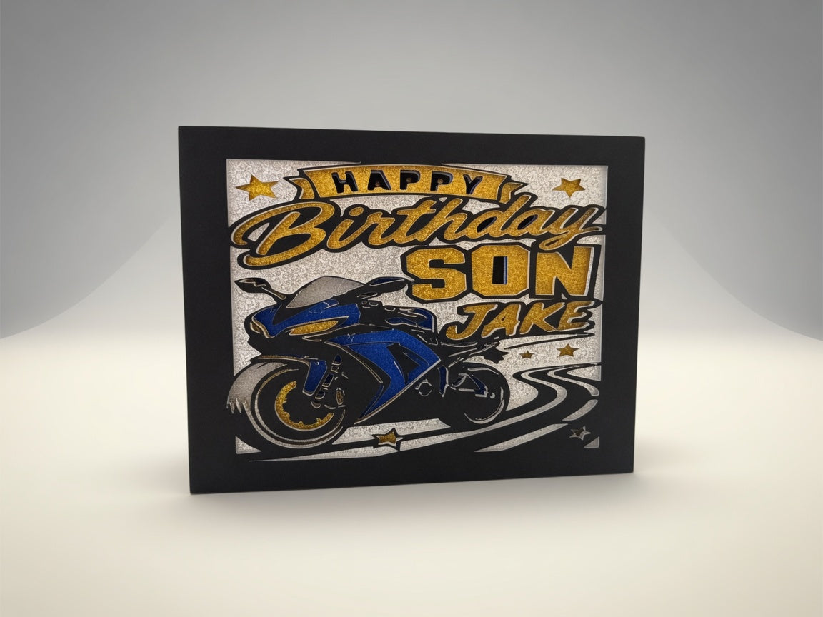 Personalised happy birthday son card with motorbike, handmade UK gift