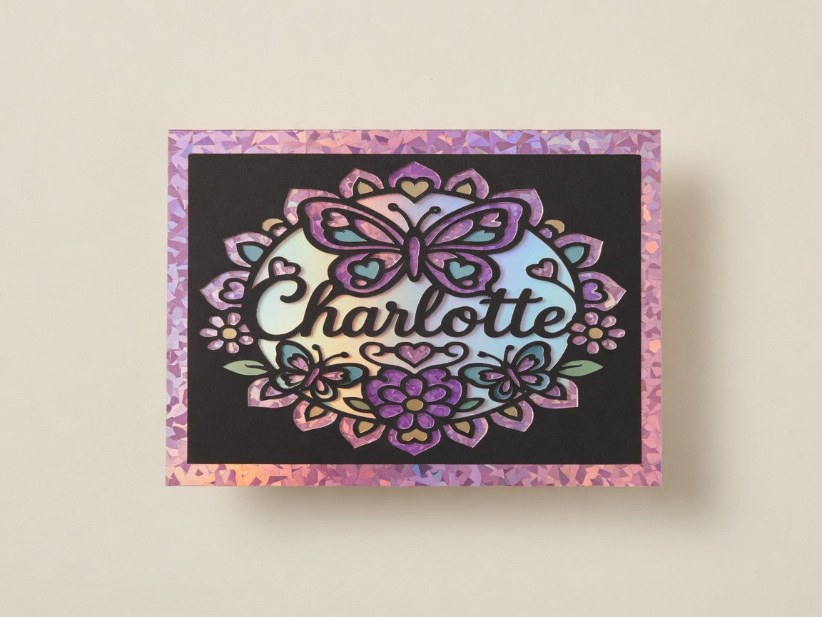Personalised butterfly name card with pink holographic butterflies and flowers