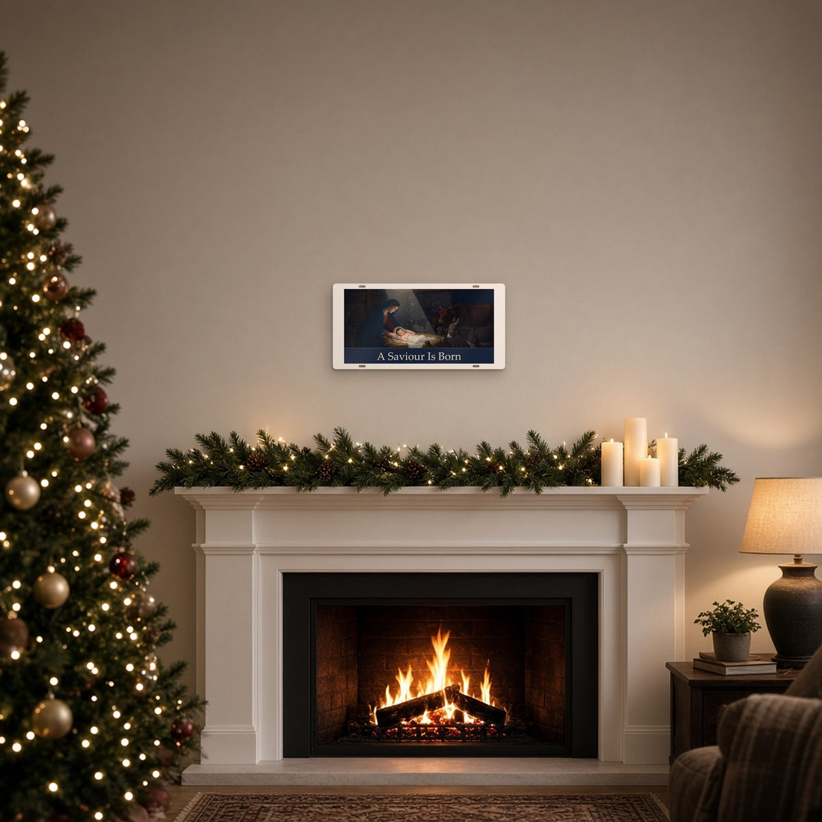 A Saviour Is Born metal Christmas wall plaque hung above a festive fireplace