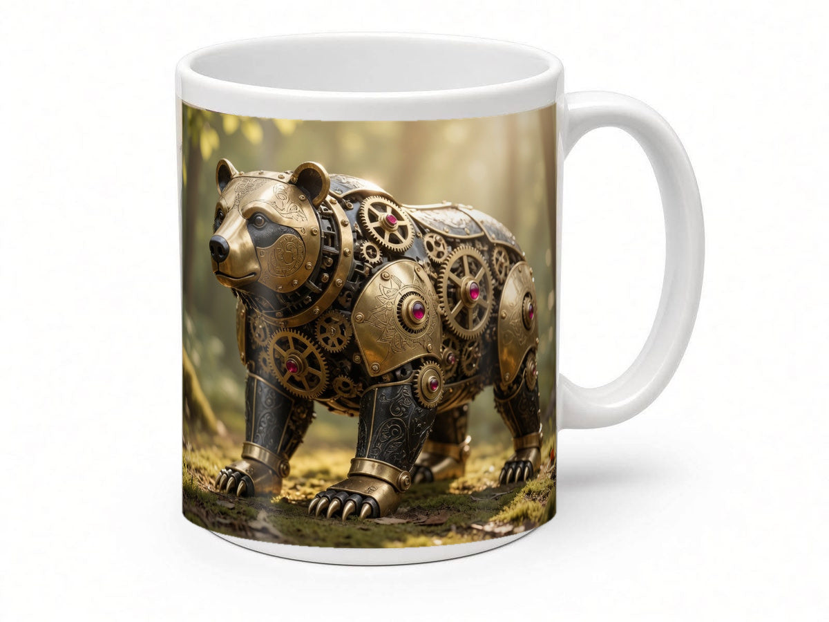 Clockwork bear mug from another angle, handmade in the UK