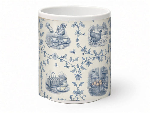 Blue toile breakfast mug, handmade UK gift