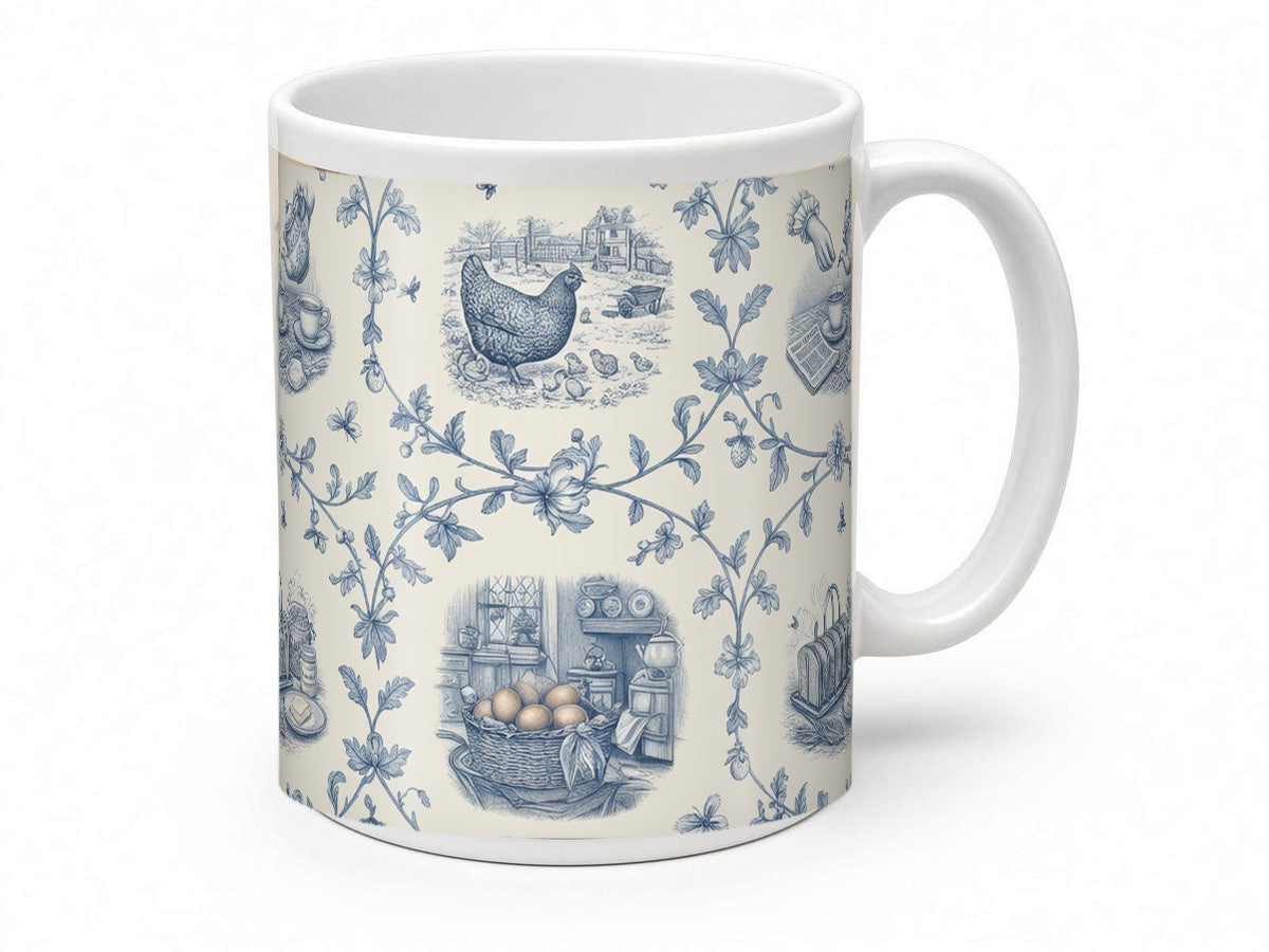 Blue toile breakfast mug from another angle, handmade in the UK
