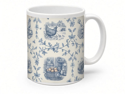 Blue toile breakfast mug from another angle, handmade in the UK