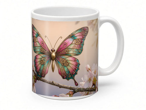 Clockwork butterfly mug from another angle, handmade in the UK