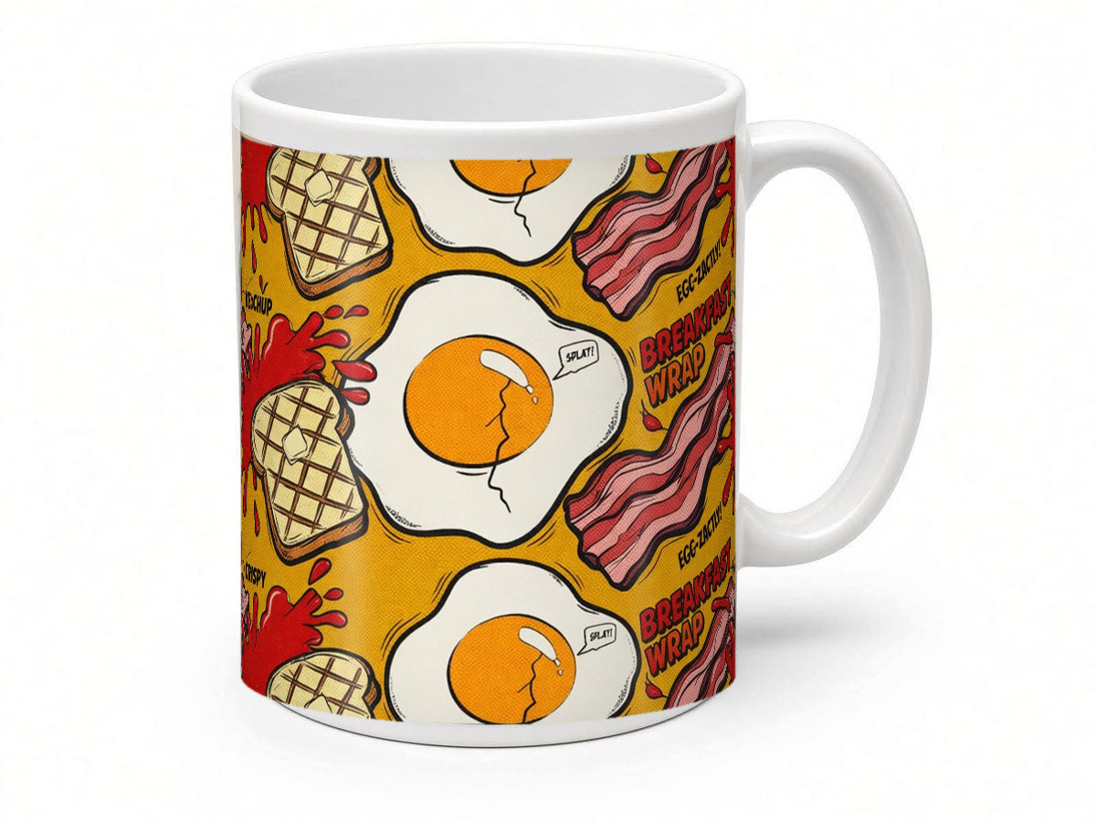 Comic pop art breakfast mug from another angle, handmade in the UK
