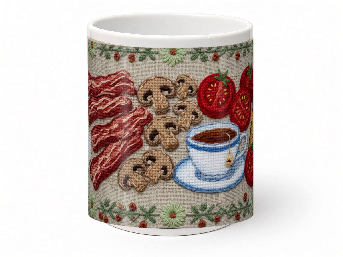 Cross stitch breakfast mug, handmade UK gift