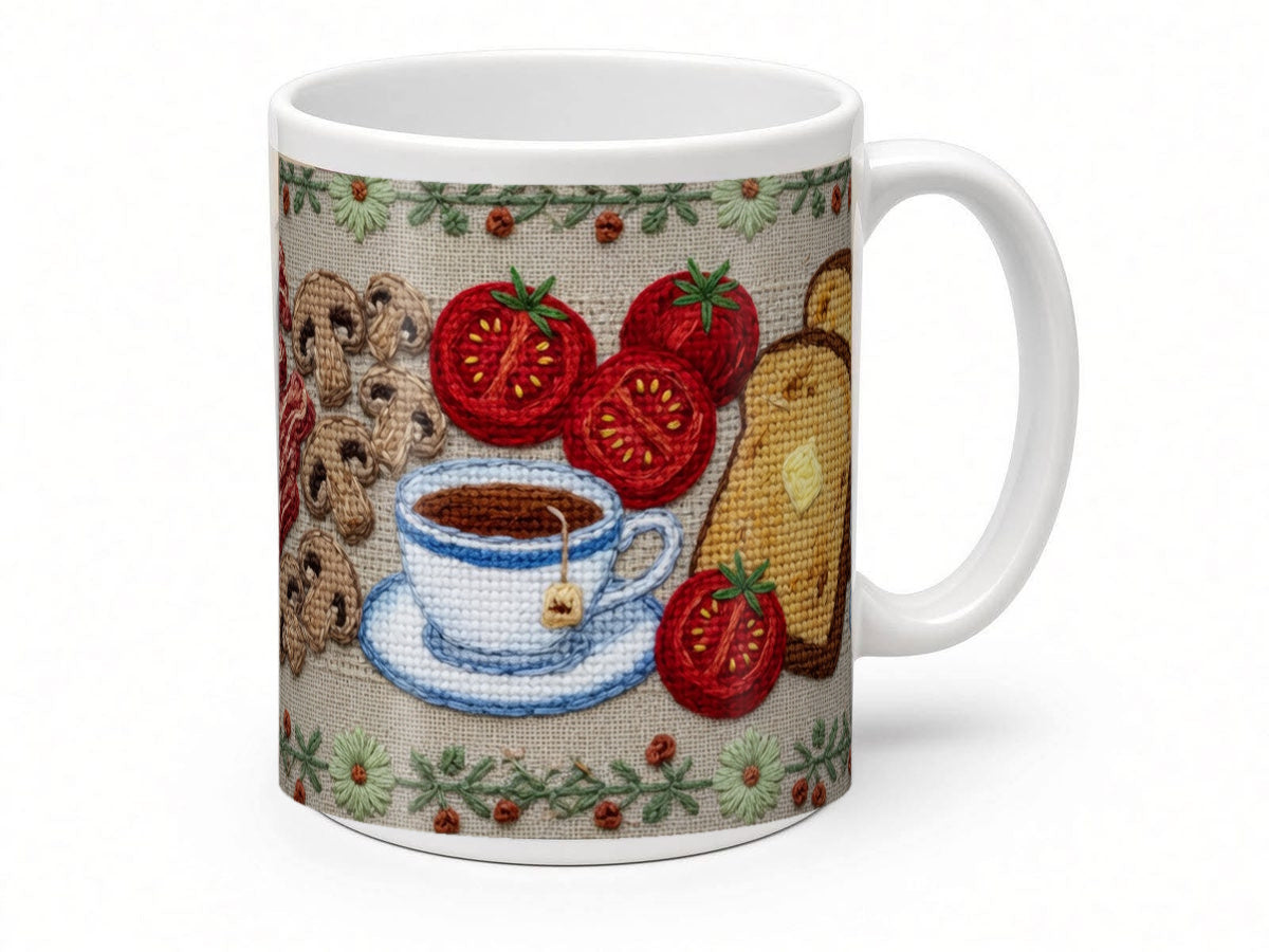 Cross stitch breakfast mug from another angle, handmade in the UK