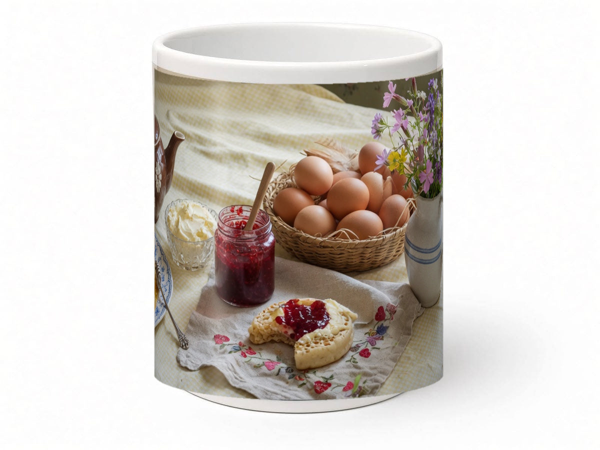 Crumpets and cat breakfast mug, handmade UK gift