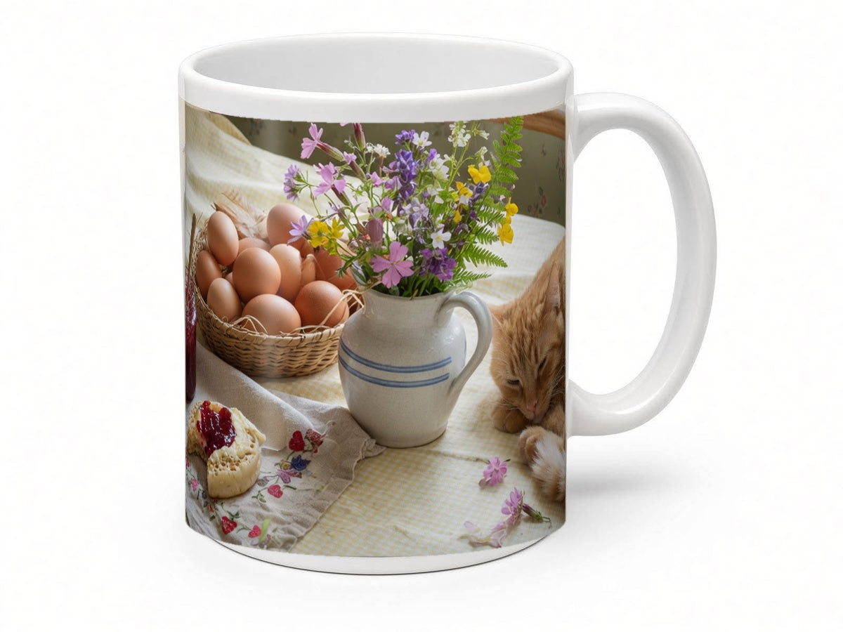 Crumpets and cat breakfast mug from another angle, handmade in the UK