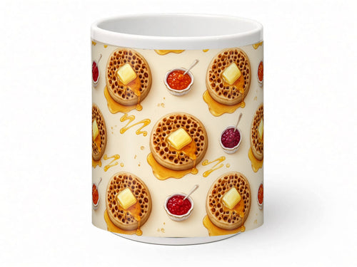 Buttered crumpet pattern mug, handmade UK gift