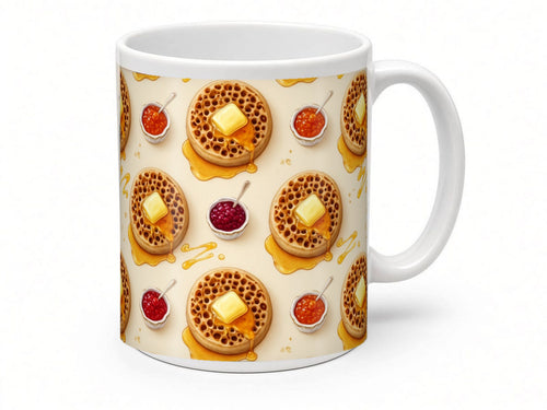 Buttered crumpet pattern mug from another angle, handmade in the UK