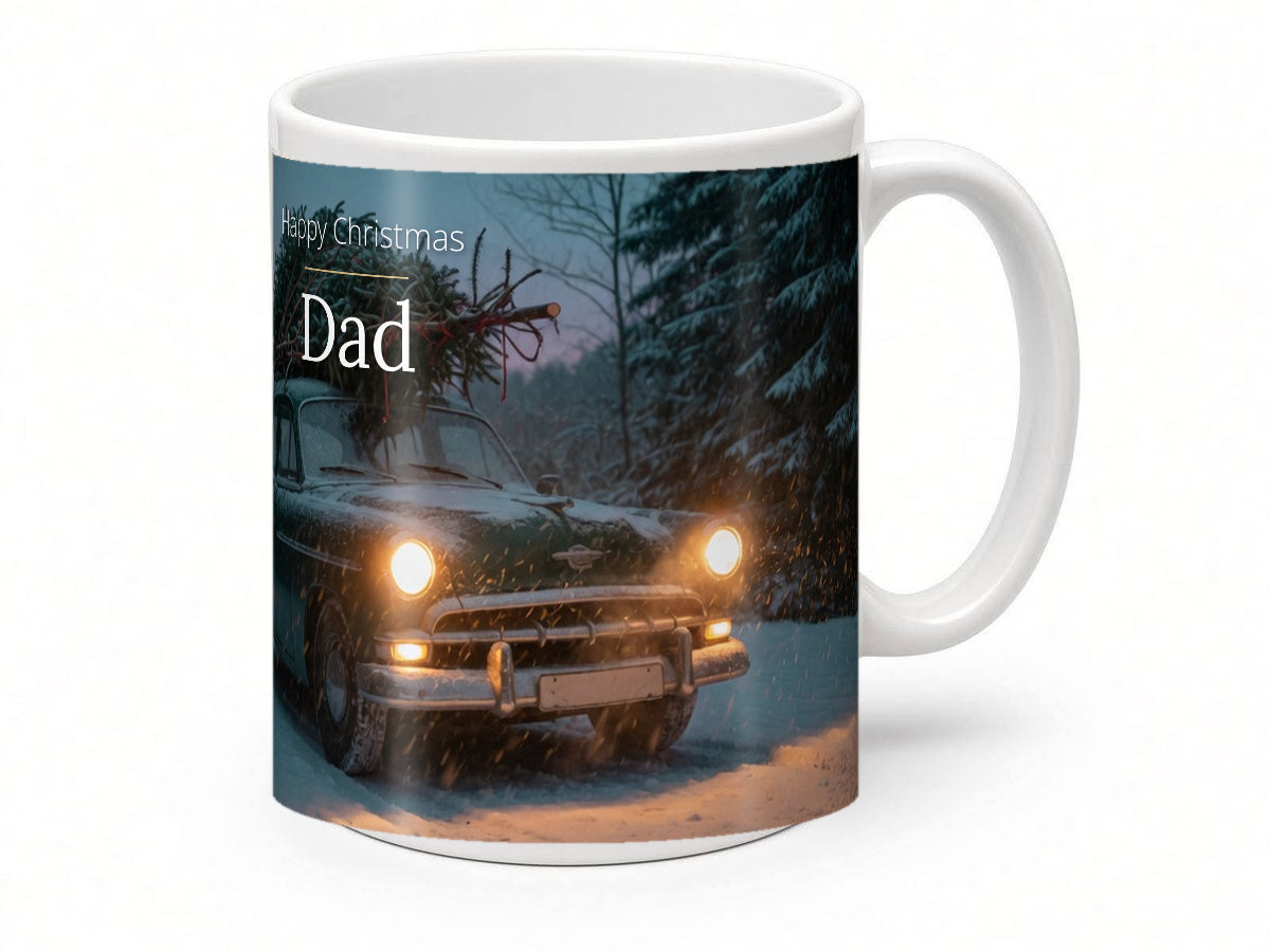 Happy Christmas Dad Mug – Bringing Home the Tree – handle view