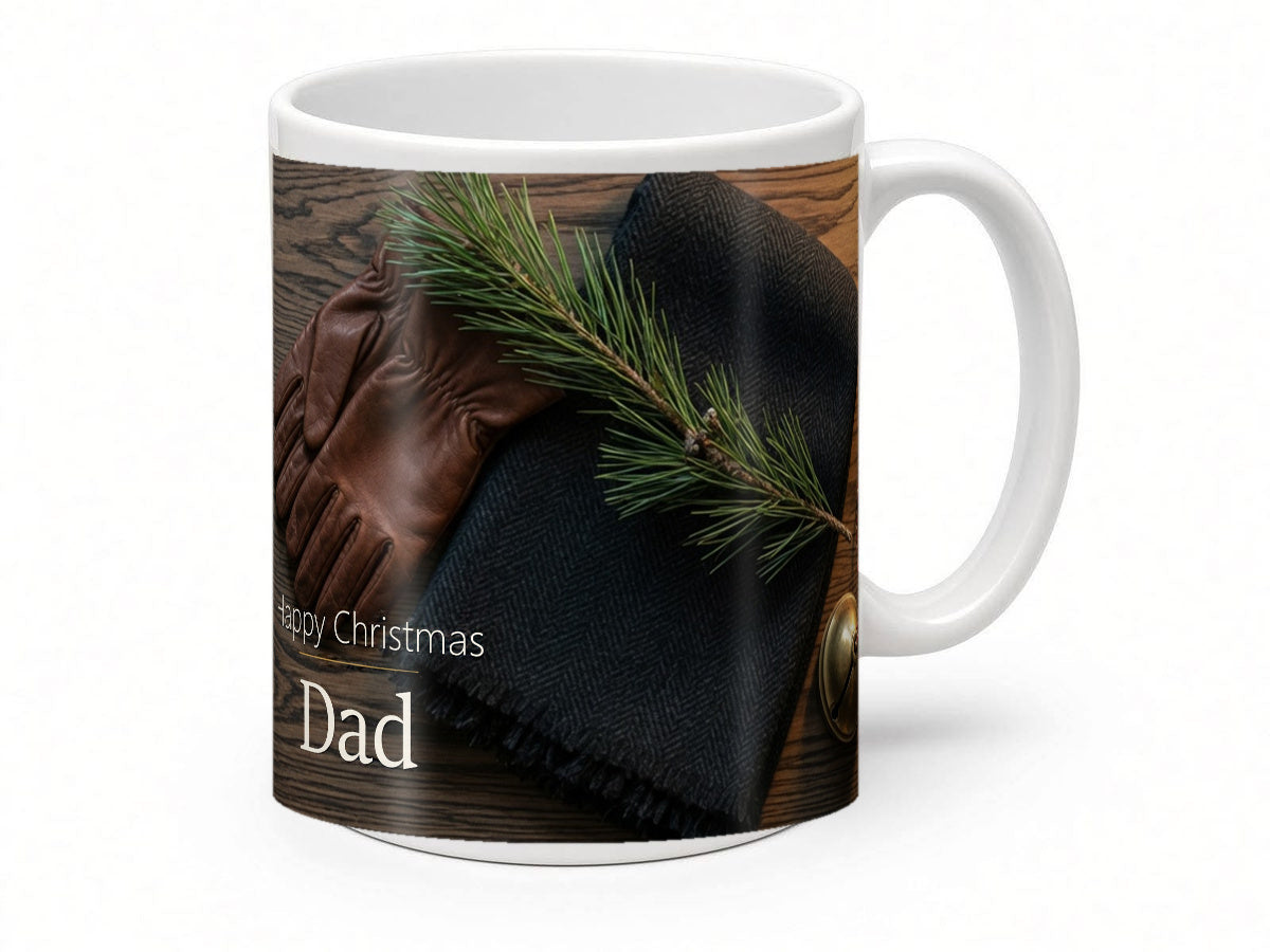 Happy Christmas Dad Mug – Leather Gloves – handle view