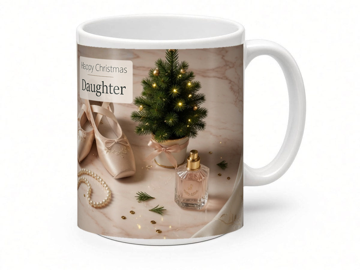 Happy Christmas Daughter Mug – Ballet & Pearls – handle view