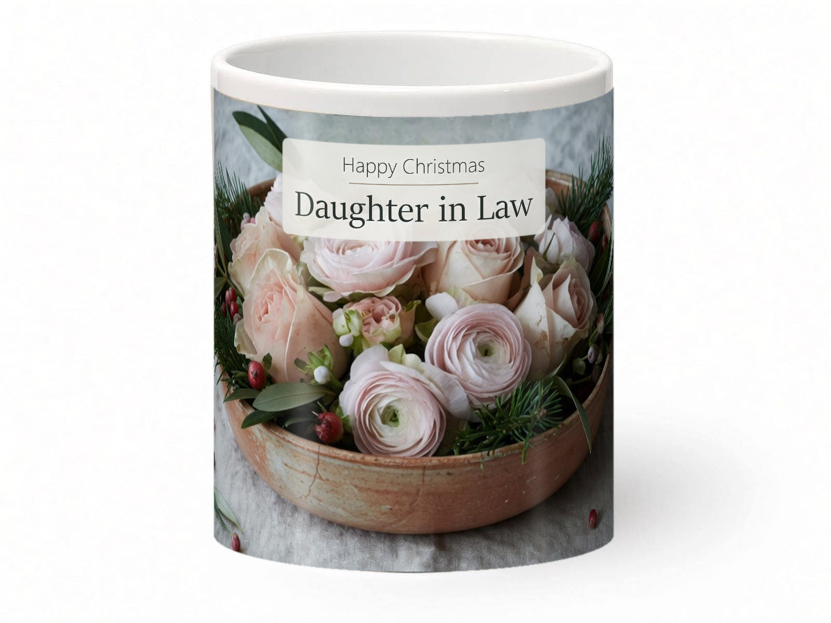 Happy Christmas Daughter in Law Mug – Winter Roses – front view