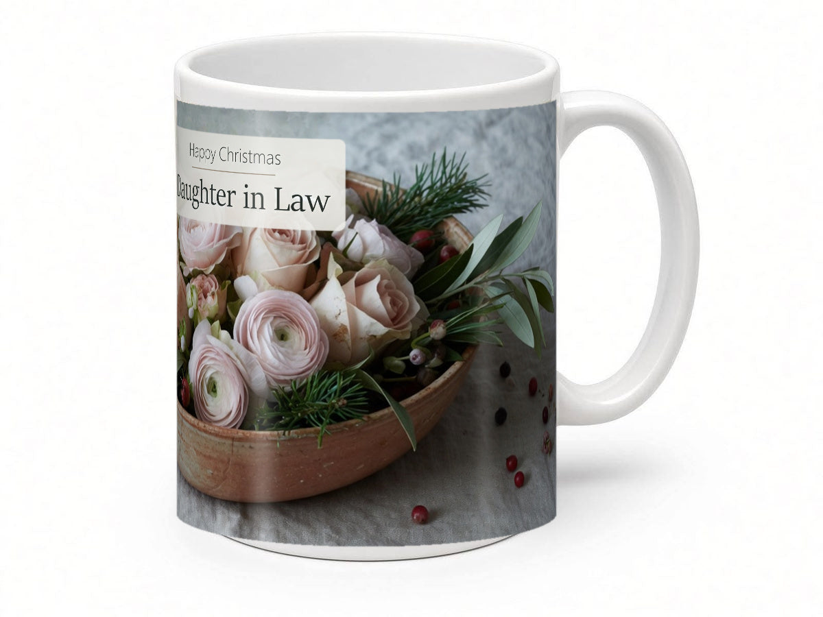 Happy Christmas Daughter in Law Mug – Winter Roses – handle view