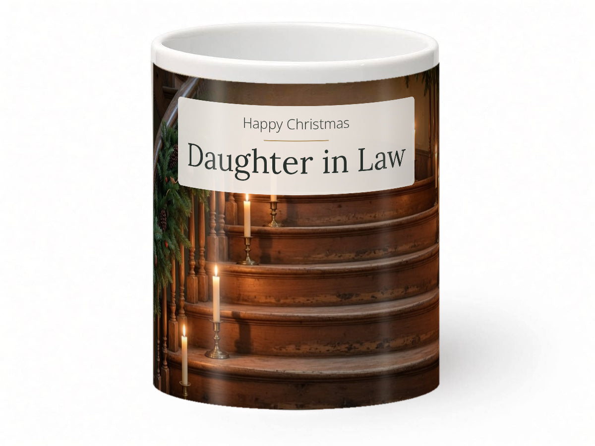 Happy Christmas Daughter in Law Mug – Candlelit Stairs – front view