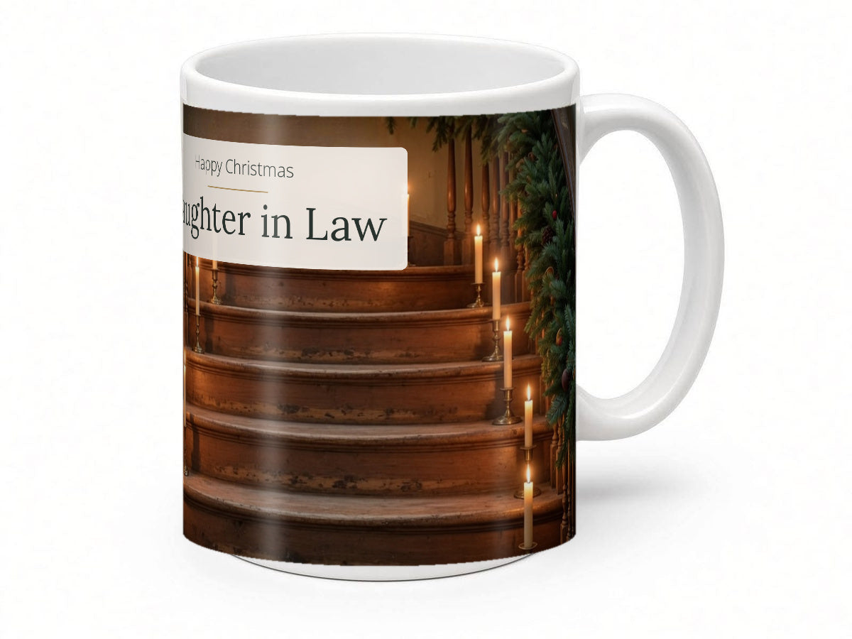 Happy Christmas Daughter in Law Mug – Candlelit Stairs – handle view