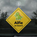 Personalised Dinosaur On Board metal car window sign hanging in rear window