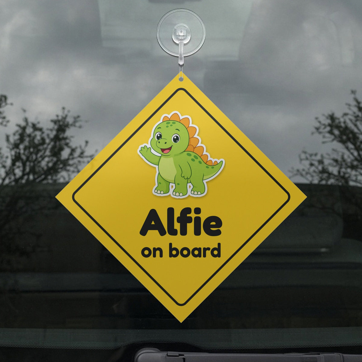 Personalised Dinosaur On Board metal car window sign hanging in rear window