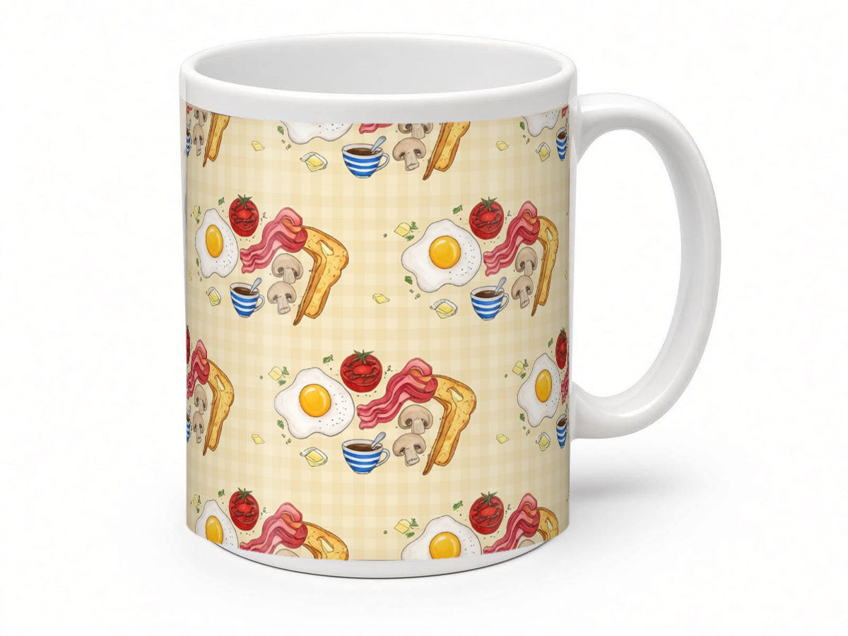 Fried egg breakfast pattern mug from another angle, handmade in the UK