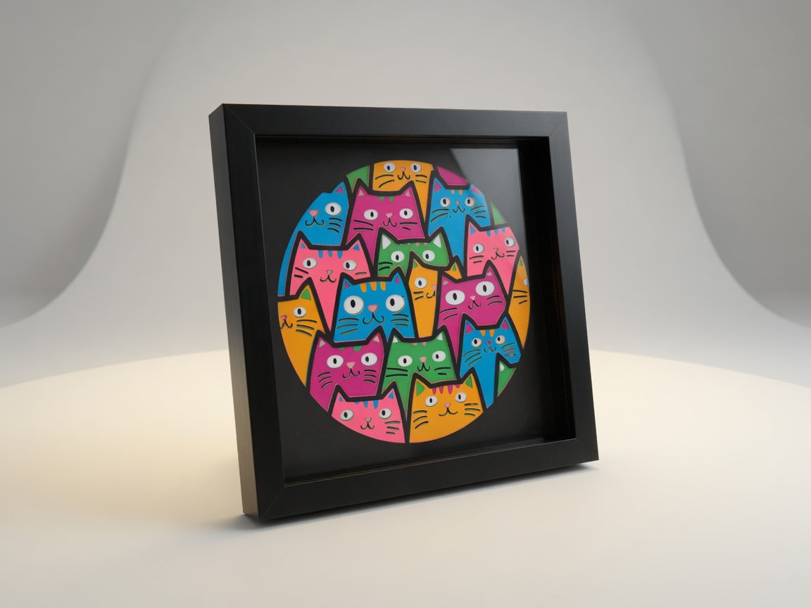 Rainbow cats shadow box, handmade UK gift
