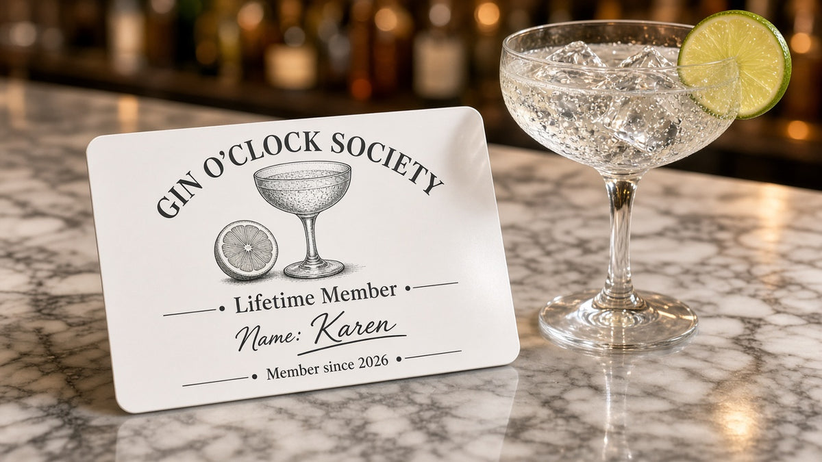 Gin O'Clock Society metal membership card, personalised gift for gin lovers