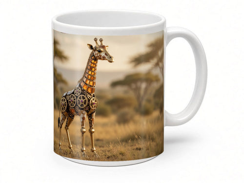 Clockwork giraffe mug from another angle, handmade in the UK