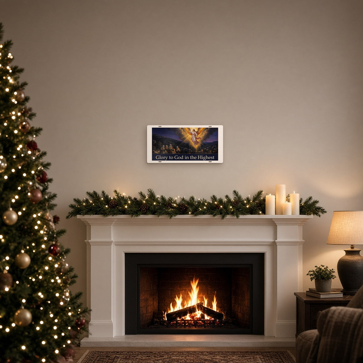 Glory to God in the Highest metal Christmas wall plaque hung above a festive fireplace
