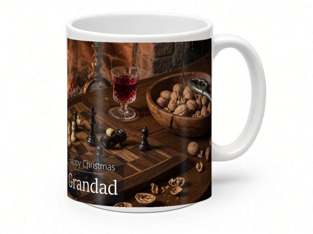 Happy Christmas Grandad Mug – Fireside Chess – handle view