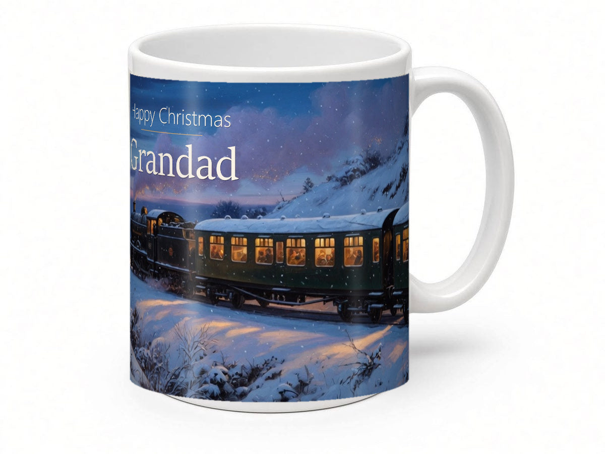 Happy Christmas Grandad Mug – Winter Steam Train – handle view