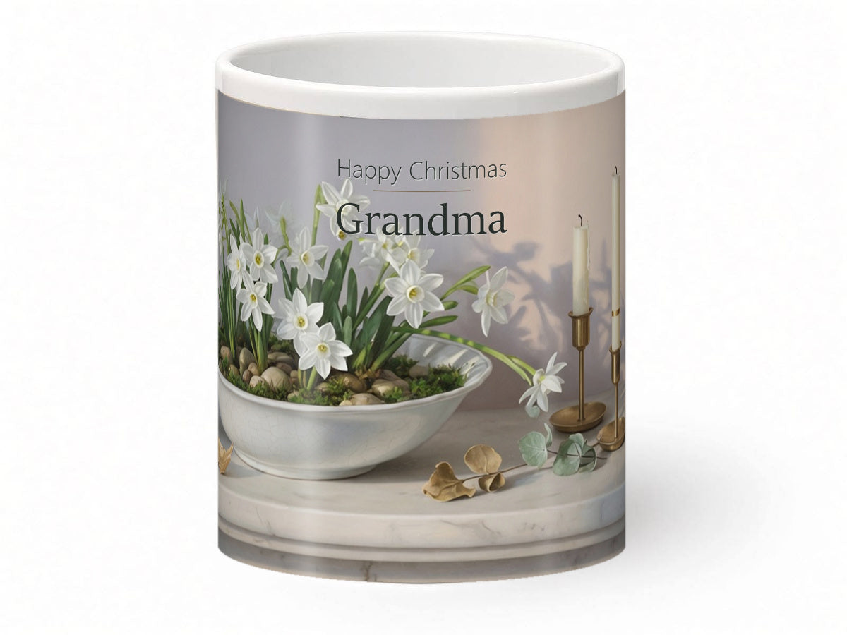 Happy Christmas Grandma Mug – Winter Narcissi – front view