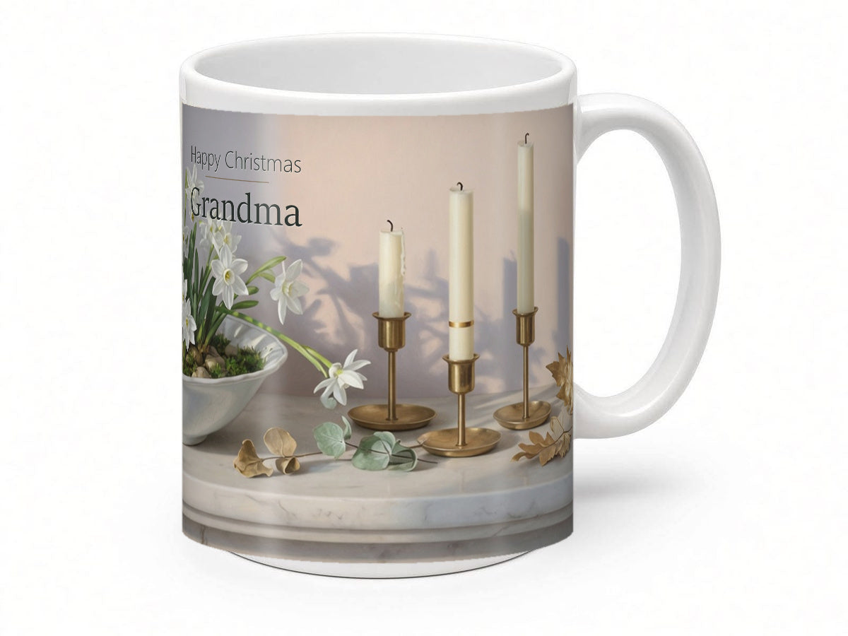 Happy Christmas Grandma Mug – Winter Narcissi – handle view