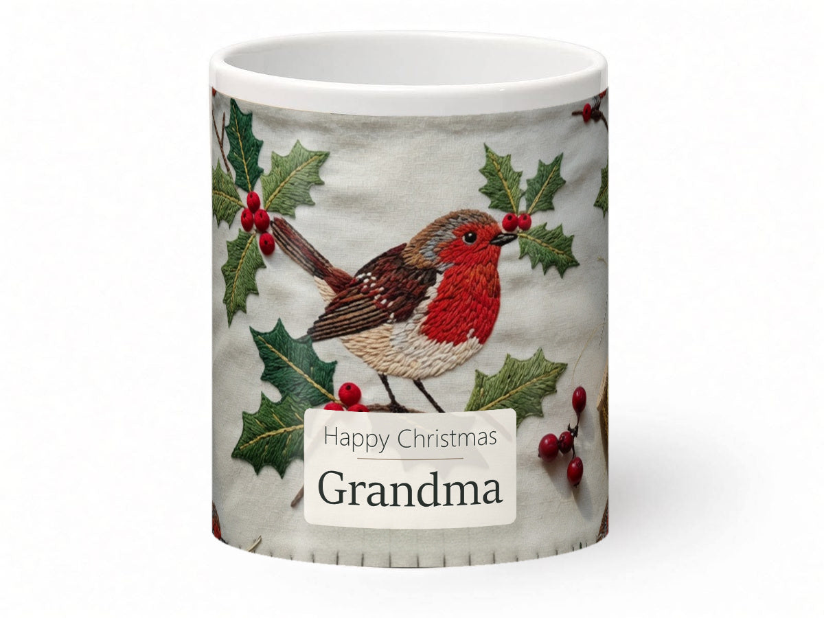 Happy Christmas Grandma Mug – Embroidered Robins – front view