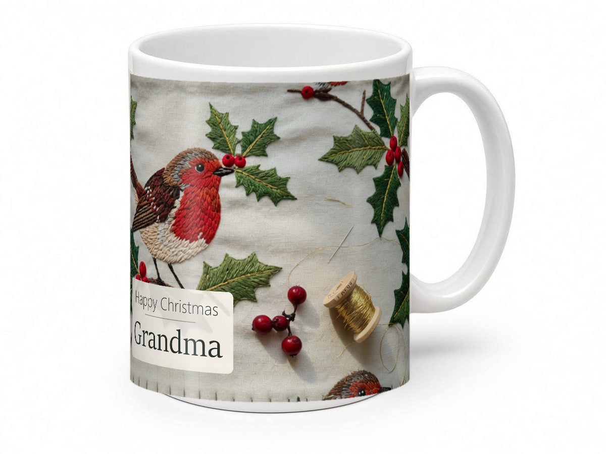 Happy Christmas Grandma Mug – Embroidered Robins – handle view