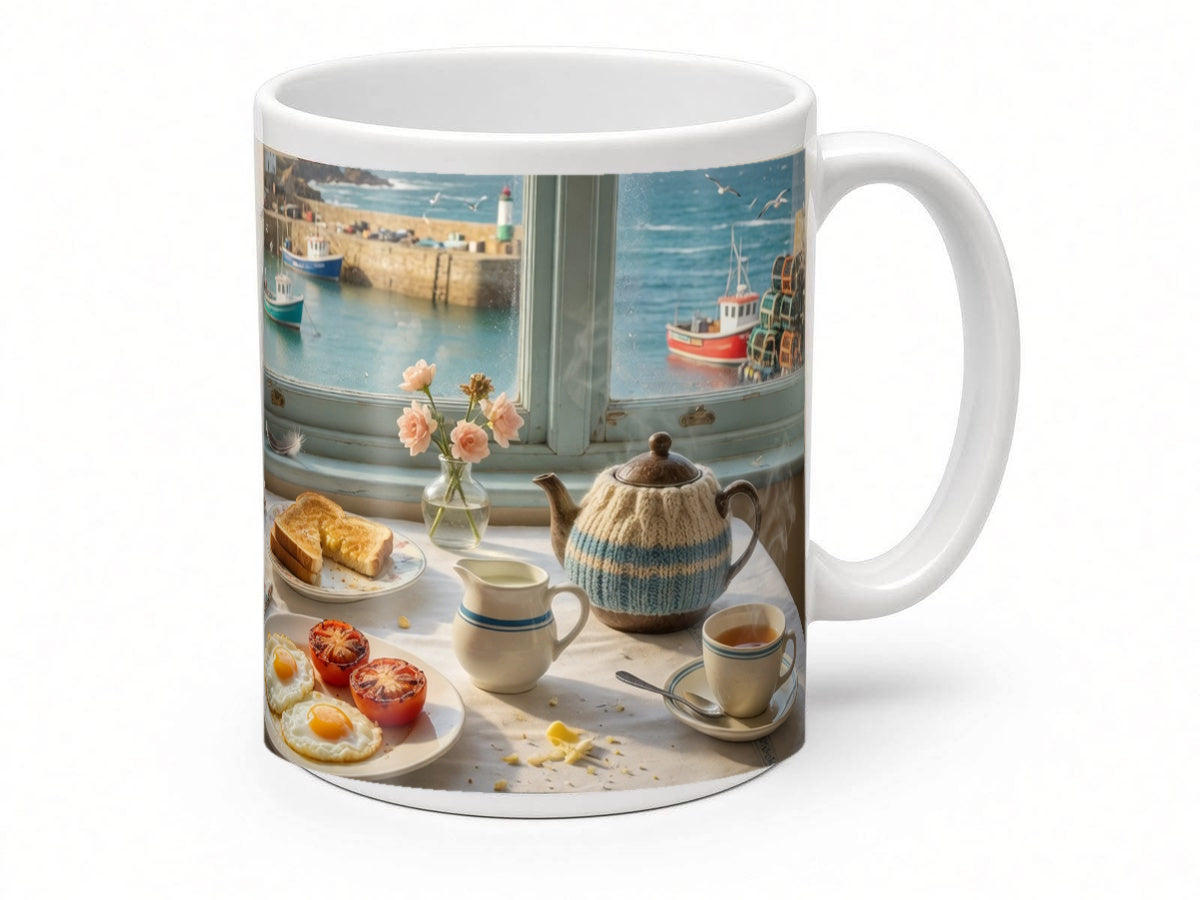 Harbour view breakfast mug from another angle, handmade in the UK