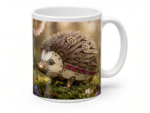Clockwork hedgehog mug from another angle, handmade in the UK