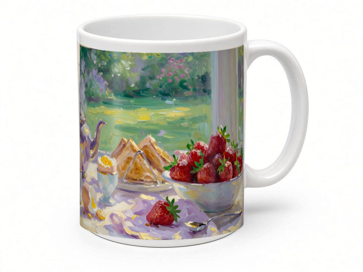 Impressionist strawberry breakfast mug from another angle, handmade in the UK