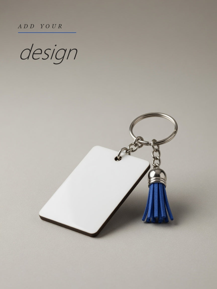 Personalised double sided MDF photo keyring with blue tassel