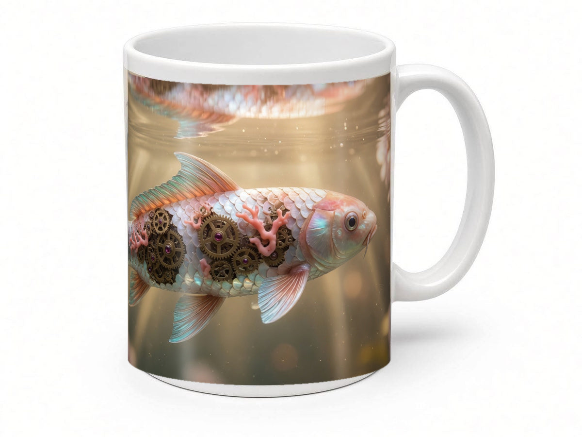 Clockwork koi mug from another angle, handmade in the UK