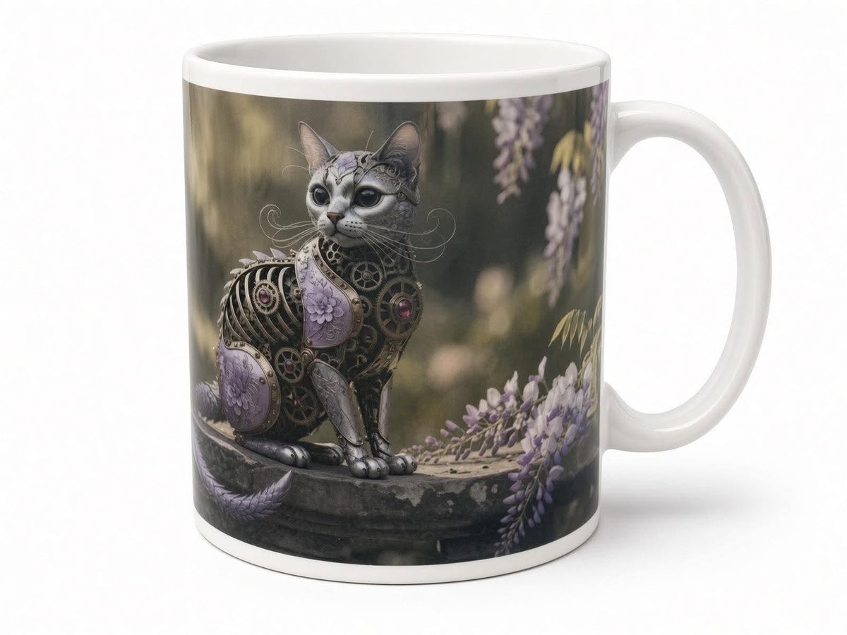 Clockwork cat mug from another angle, handmade in the UK
