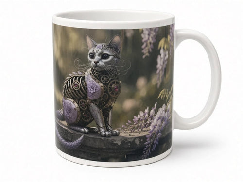 Clockwork cat mug from another angle, handmade in the UK