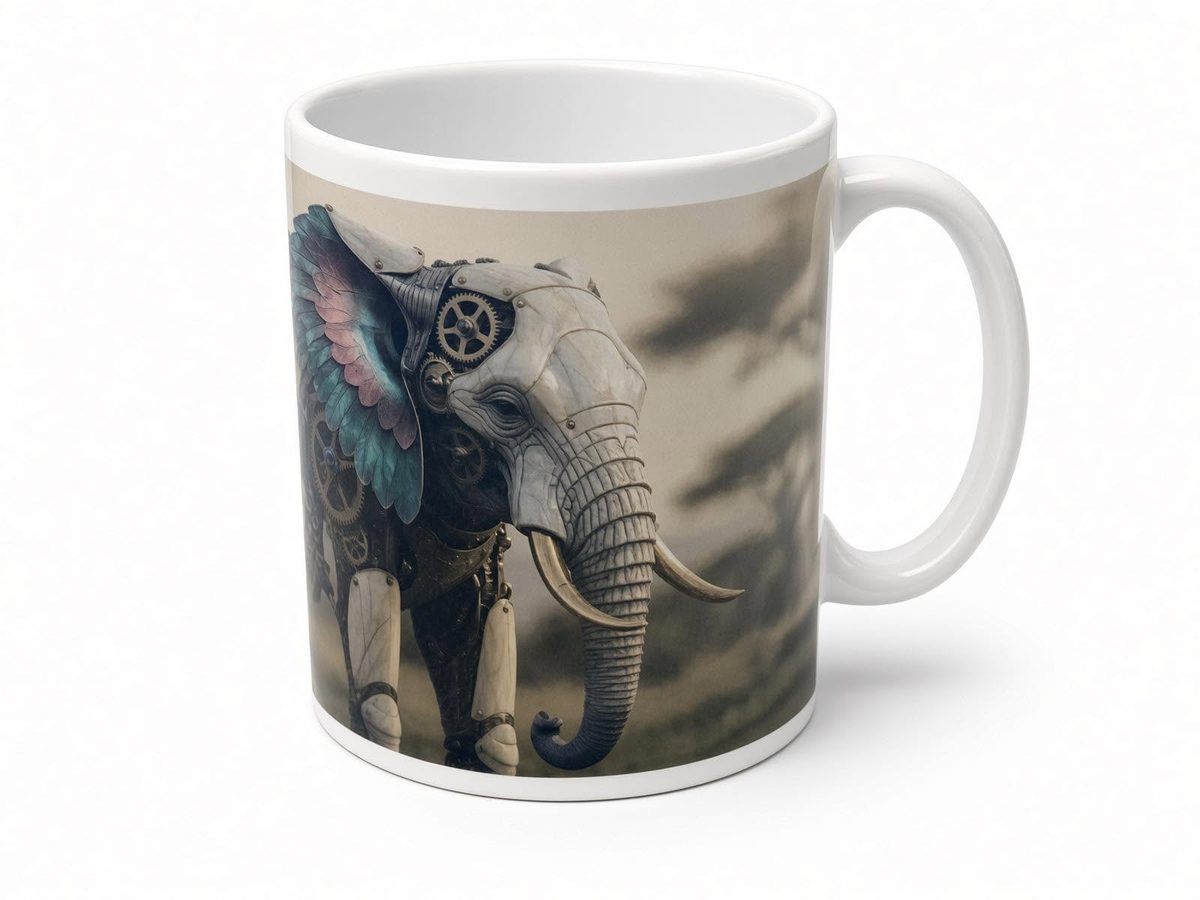 Clockwork elephant mug from another angle, handmade in the UK