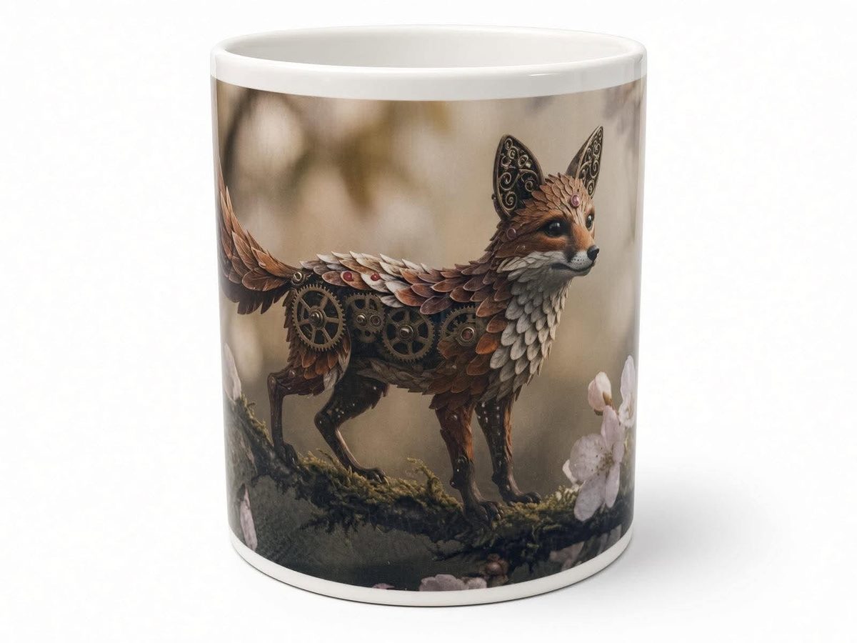 Clockwork fox mug, handmade UK gift
