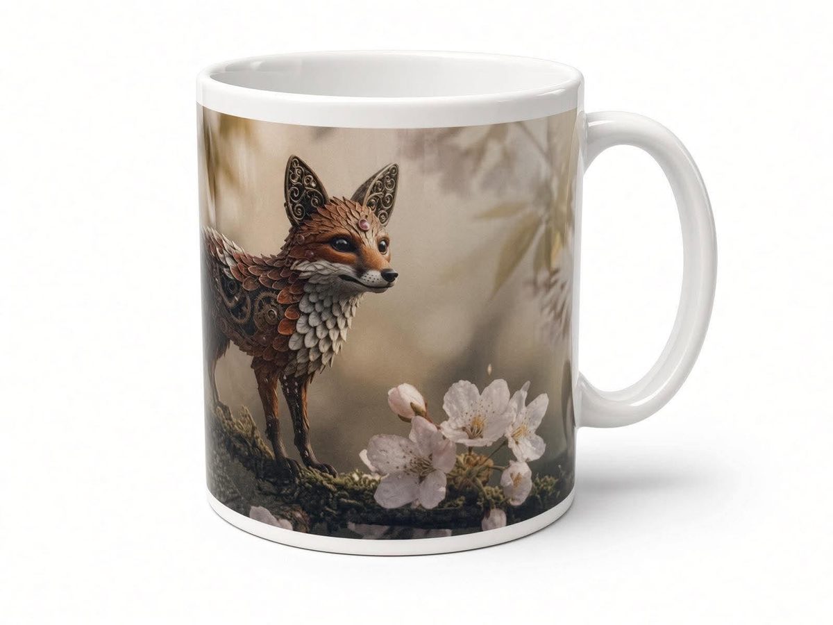 Clockwork fox mug from another angle, handmade in the UK