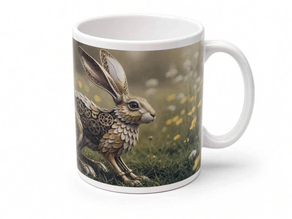 Clockwork hare mug from another angle, handmade in the UK