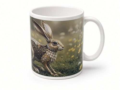 Clockwork hare mug from another angle, handmade in the UK