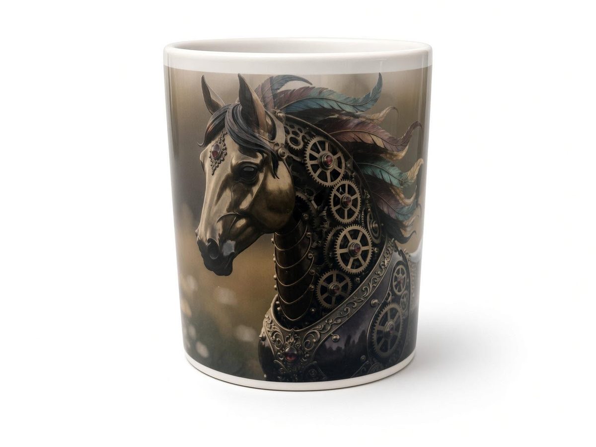 Clockwork horse mug from another angle, handmade in the UK