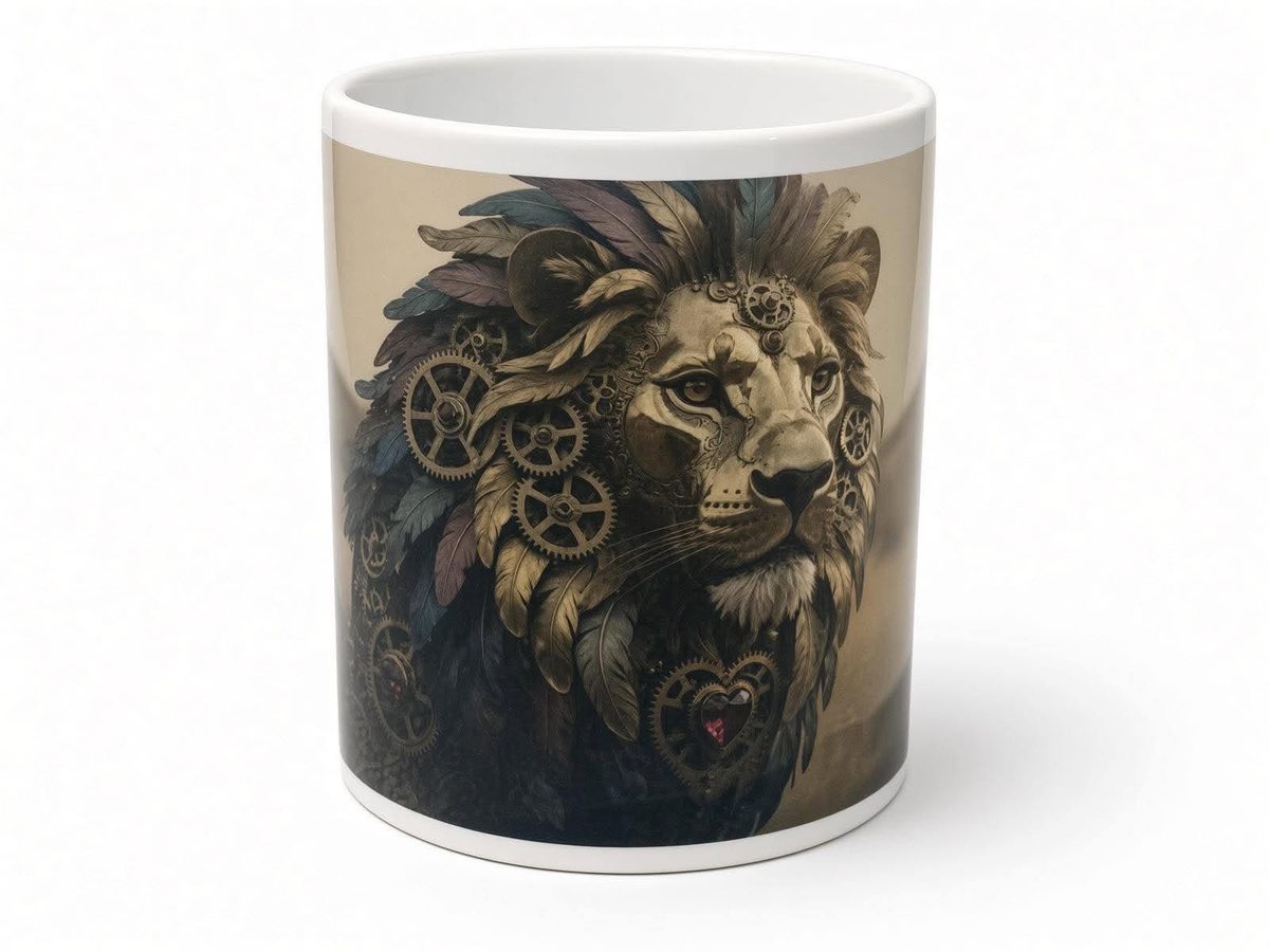 Clockwork lion mug, handmade UK gift