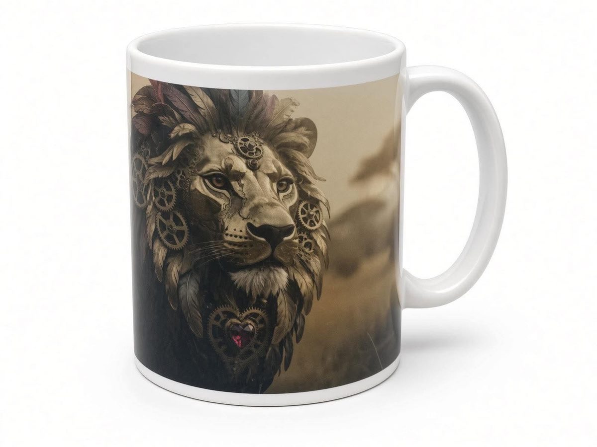Clockwork lion mug from another angle, handmade in the UK